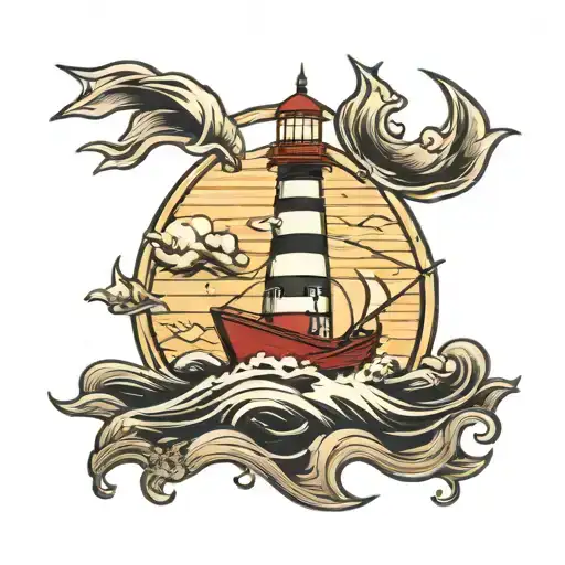 paper boat waves light house   tattoo design idea