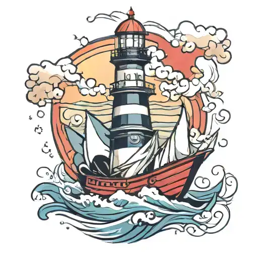 paper boat waves light house   tattoo design idea