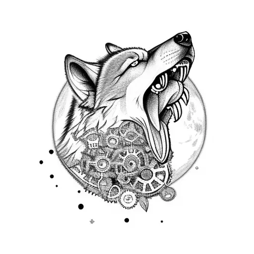 A wolf howling at a full moon made of gears and machinery tattoo design idea