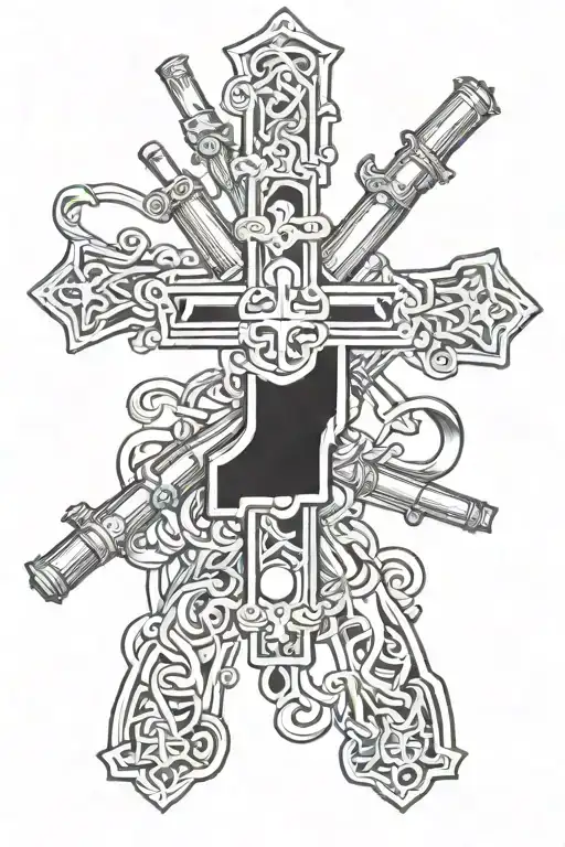 cross intertwined with shotgun shells tattoo design idea