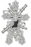 cross intertwined with shotgun shells tattoo design idea
