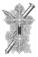 cross intertwined with shotgun shells tattoo design idea
