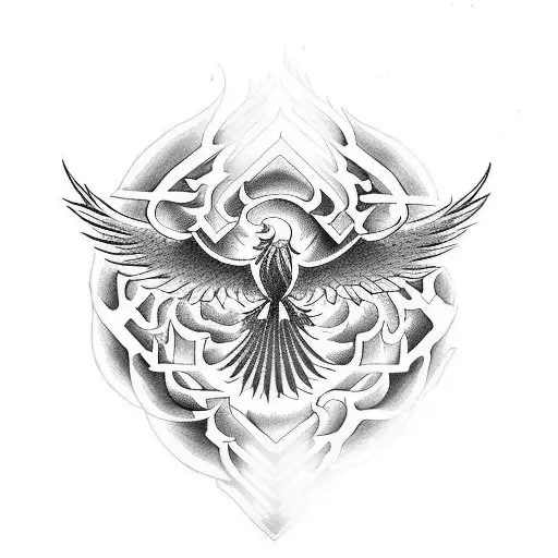 A phoenix soaring above a challenging maze tattoo design idea