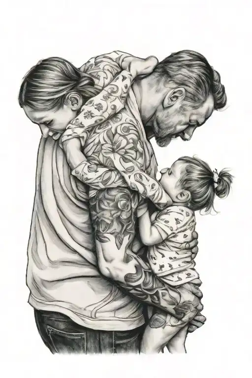 daddy daughter holds in his arms from backside tattoo design idea