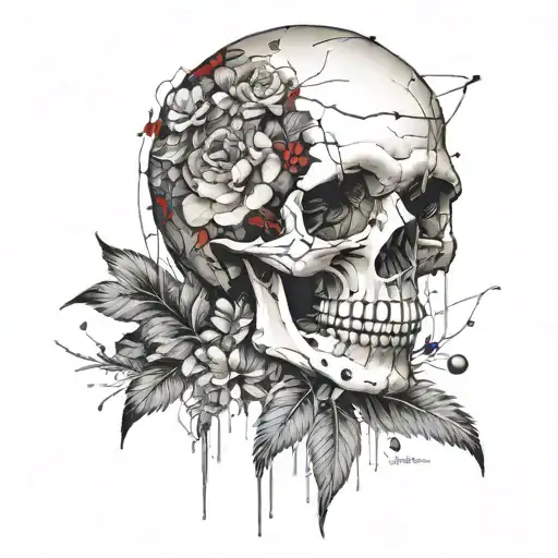 skull with cracks and wild flowers growing out top. plaster and patchwork on skull tattoo design idea