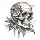 skull with cracks and wild flowers growing out top. plaster and patchwork on skull tattoo design idea