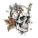 skull with cracks and wild flowers growing out top. plaster and patchwork on skull tattoo design idea