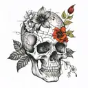 skull with cracks and wild flowers growing out top. plaster and patchwork on skull tattoo design idea