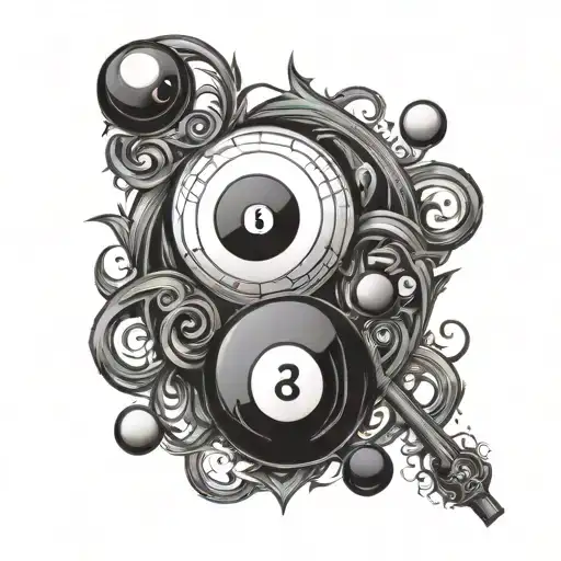 A yin and yang symbol made up of billiard balls and cues, representing the harmony between opposing forces in the client's life tattoo design idea
