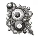 A yin and yang symbol made up of billiard balls and cues, representing the harmony between opposing forces in the client's life tattoo design idea