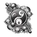 A yin and yang symbol made up of billiard balls and cues, representing the harmony between opposing forces in the client's life tattoo design idea