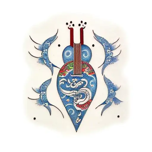 A traditional-style tattoo of a guitar with musical notes forming the shape of birds tattoo design idea