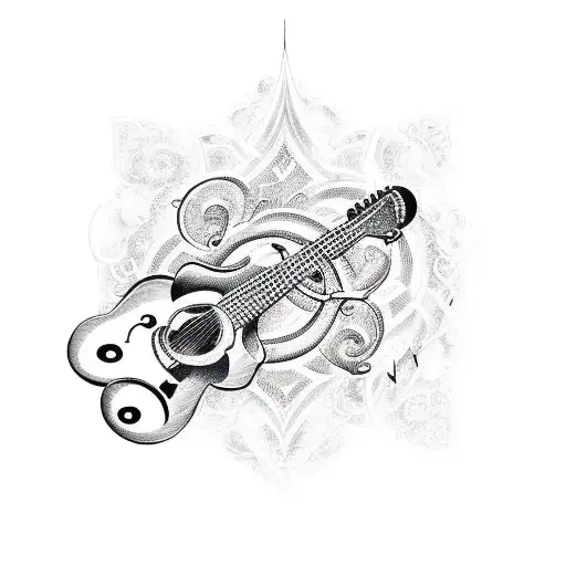 A traditional-style tattoo of a guitar with musical notes forming the shape of birds tattoo design idea