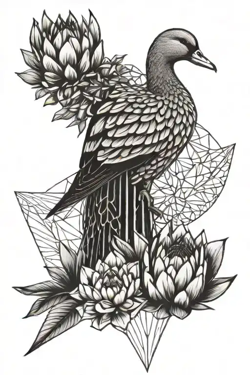 King Protea flower with Duck holding tattoo design idea