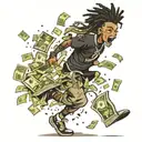 young boy black dread-head running with money falling tattoo design idea