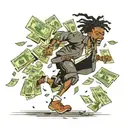 young boy black dread-head running with money falling tattoo design idea