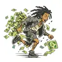 young boy black dread-head running with money falling tattoo design idea