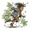 young boy black dread-head running with money falling tattoo design idea