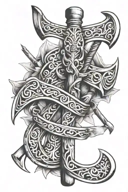 axe,pike pole intertwined tattoo design idea