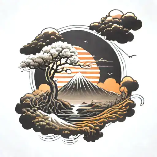 Nature scene with japanese wind bars, with animals and harsh weather conditions and volcanoes tattoo design idea
