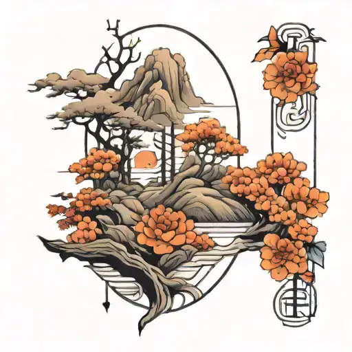 Nature scene with japanese wind bars, minimalistic  tattoo design idea