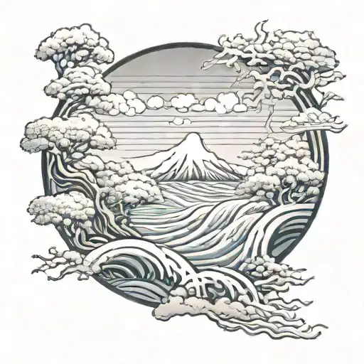 Nature scene with japanese wind bars, with flowing elements of partial animals and harsh weather conditions tattoo design idea