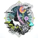 Nature scene with japanese wind bars, with animals and harsh weather conditions and volcanoes tattoo design idea