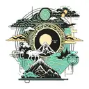 Nature scene with japanese wind bars, with animals and harsh weather conditions and volcanoes tattoo design idea