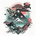 Nature scene with japanese wind bars, with animals and harsh weather conditions and volcanoes tattoo design idea