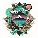 Nature scene with japanese wind bars, with animals and harsh weather conditions and volcanoes tattoo design idea