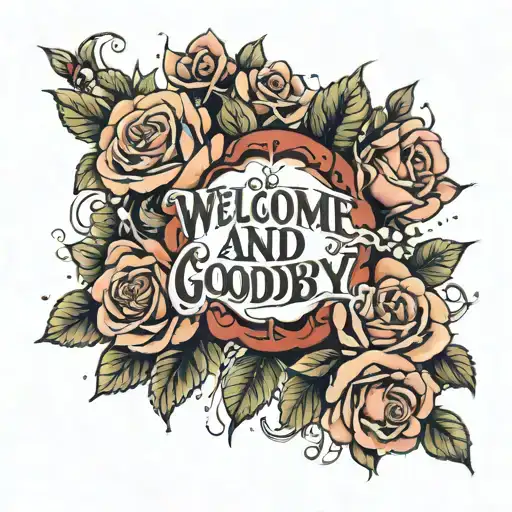 phrase "welcome and goodbye" surrounded by roses tattoo design idea