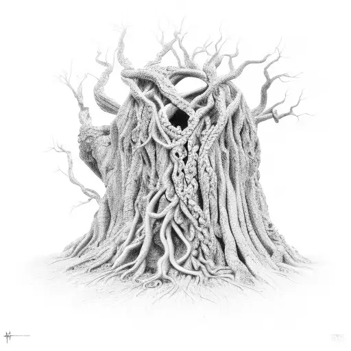 gnarled roots underground, tangled and twisting, holding items of importance tattoo design idea