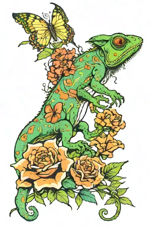 A chameleon eating a wolf's flowers and butterflies on 2007 sign tattoo design idea