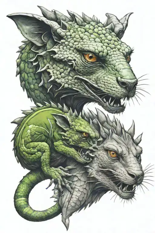 Chameleons fight with wolf   tattoo design idea