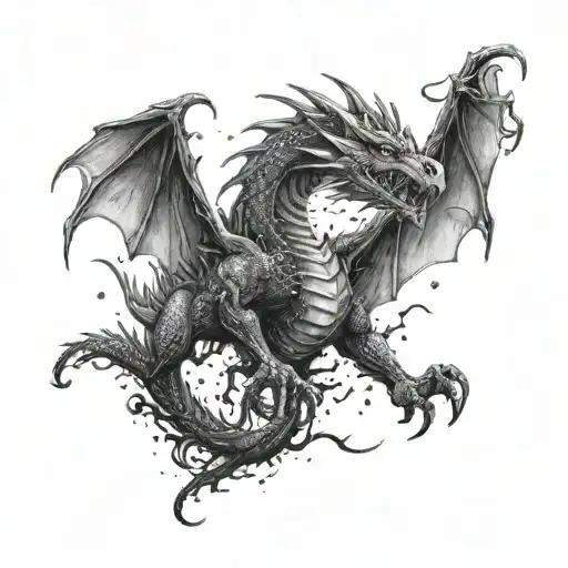 A fierce dragon battling a thunderstorm in a dark, mystical forest tattoo design idea