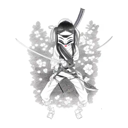 Japanese mask with Katanas, Deep look, darkness, Girl with the mask, Anime style girl, dark hair flying over, flowers an tattoo design idea