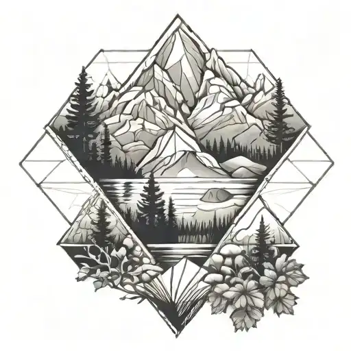 a scene of moutains and trees with a rived inside a diamond tattoo design idea