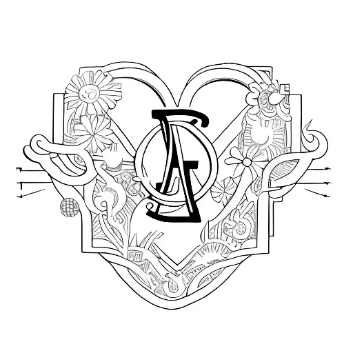 Combine the initials A, D, G, L, and T into a minimalist heart design tattoo design idea