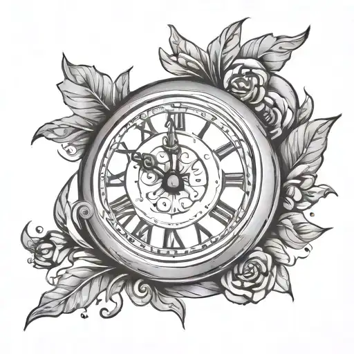 Tattoo design: A clock with hands pointing to 5:10 PM. The clock face should be clear and detailed. Instead of a regular tattoo design idea