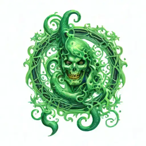 Green flames surrounding Harry Potter death eater symbol tattoo design idea
