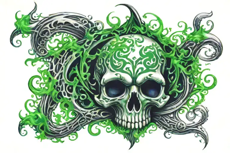 Green flames surrounding death eater symbol tattoo design idea