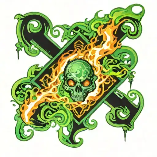 Green flames surrounding Harry Potter death eater symbol tattoo design idea