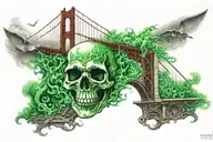 Green flames surrounding ghost skull above Golden Gate Bridge tattoo design idea