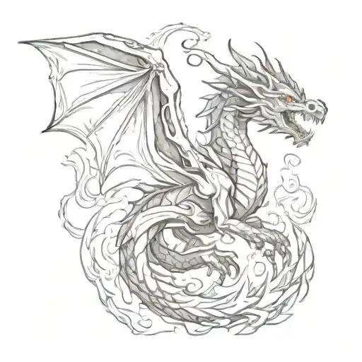 A majestic dragon wrapped in flames, covering the entire back. tattoo design idea