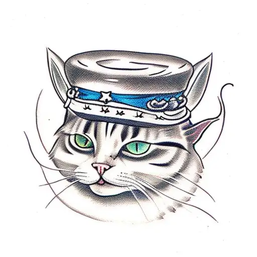 Traditional Cat with a floating wizard hat tattoo design idea