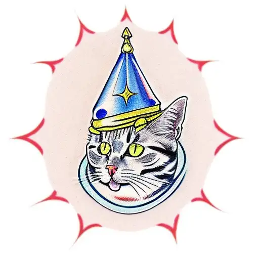 Traditional Cat with a floating wizard hat tattoo design idea