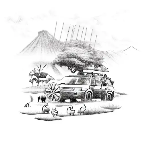 A sketch-style tattoo of a Land Cruiser driving through a farm with animals in the background tattoo design idea