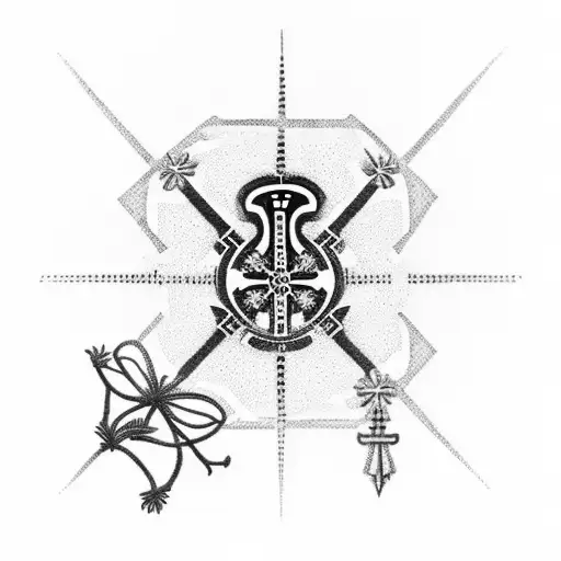 A dotwork tattoo of a stylized Saint James cross made up of interconnected walking paths, symbolizing your passion for walking and spiritual journey tattoo design idea