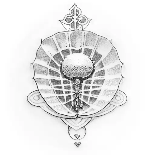 A dotwork tattoo of a scallop shell with a Saint James cross etched inside, symbolizing your love for walking and spiritual connection tattoo design idea