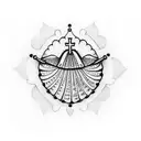 A dotwork tattoo of a scallop shell with a Saint James cross etched inside, symbolizing your love for walking and spiritual connection tattoo design idea